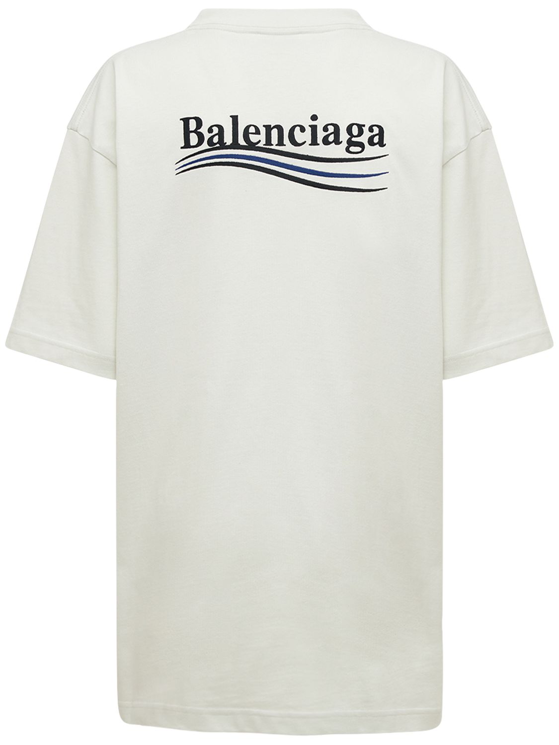 Camiseta blanca con rayas azules y logo de Balenciaga