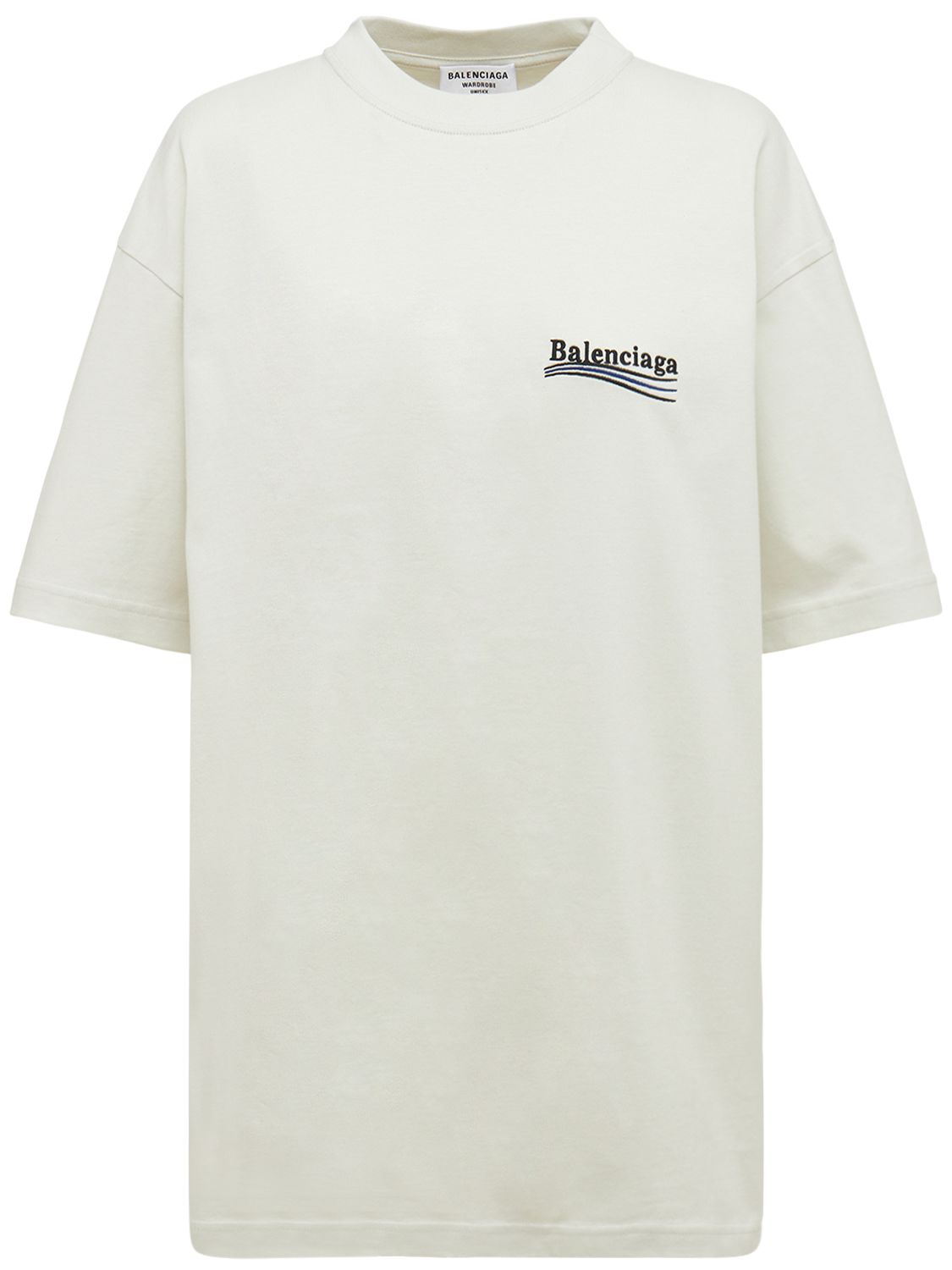 Camiseta blanca con rayas azules y logo de Balenciaga